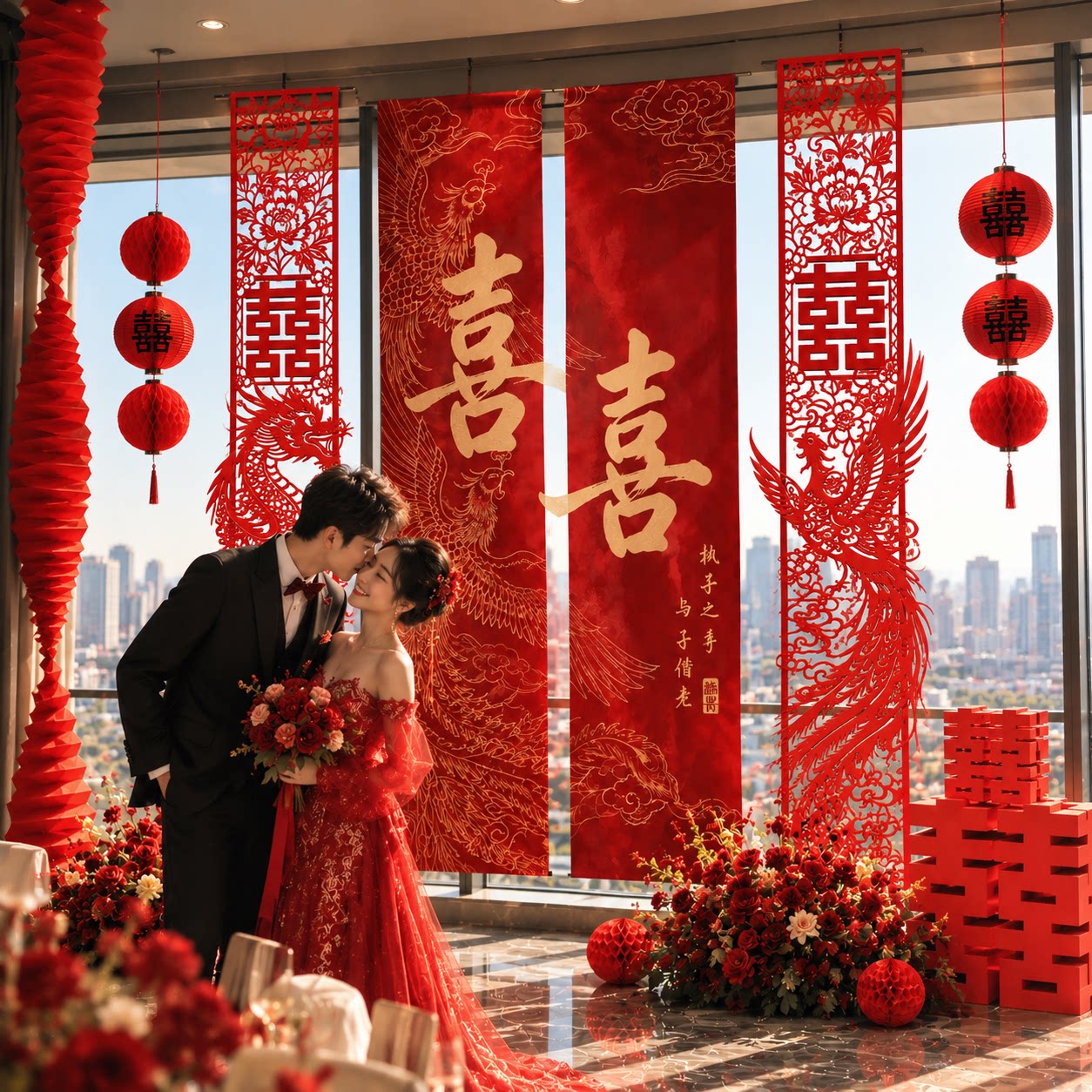 结婚客厅布置简单大气婚礼订婚背景墙布置婚房装饰挂布条幅