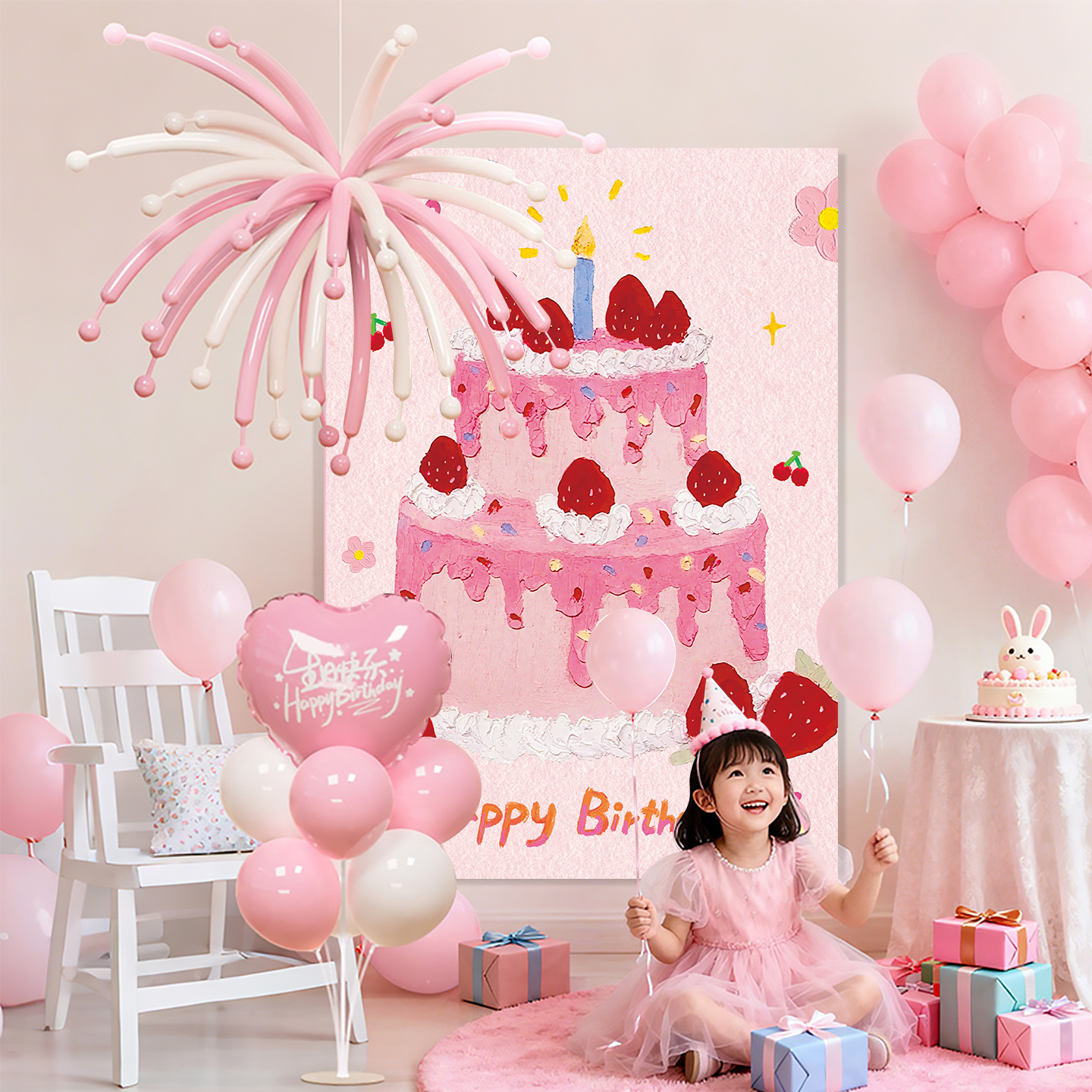 小女孩生日布置装饰挂布气球装饰