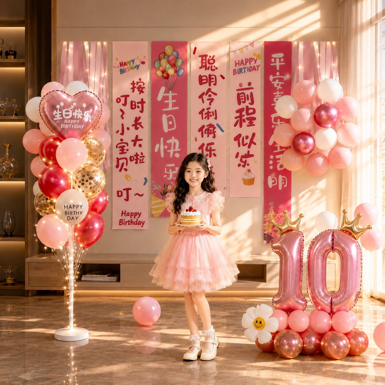 女孩生日快乐氛围感气球装饰布置儿童生日背景墙场景派对条幅10岁