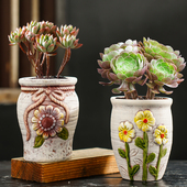 包邮 多肉花盆特价 老桩陶瓷大号清仓肉肉植物大口径粗陶手绘盆透气