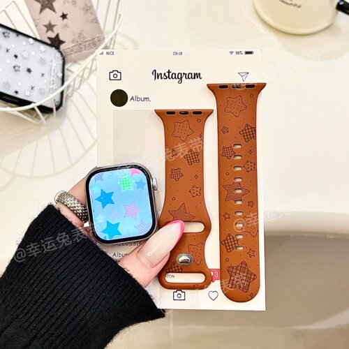 新款格纹星星适用iwatchs11/10苹果手表表带SE硅胶Applewatchs9/8