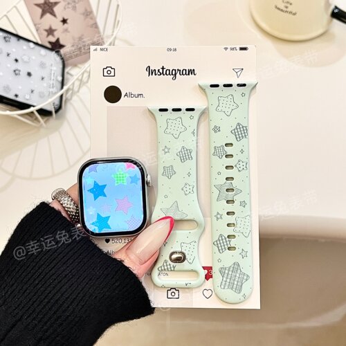 清新格纹星星适用iwatchs11/10苹果手表表带SE硅胶Applewatchs9/8