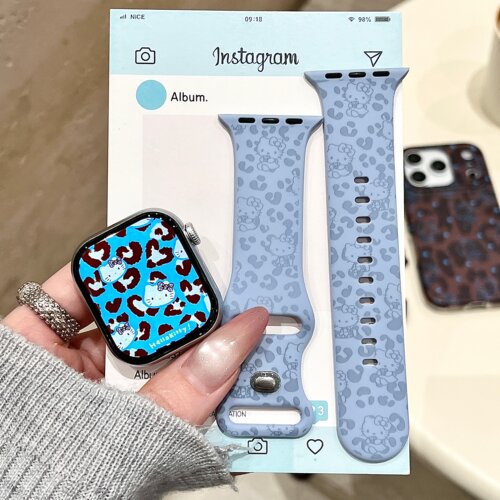 豹纹小猫适用iwatchs11/10苹果手表表带SE硅胶Applewatchs9/8/7蓝