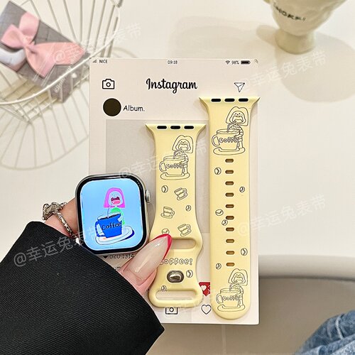 可爱喝咖啡女孩适用iwatchs11/10苹果手表表带SE硅胶Applewatchs9