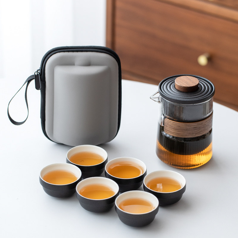 黑陶快客杯旅行功夫茶具套装简约户外陶瓷一壶六杯玻璃便携式包装