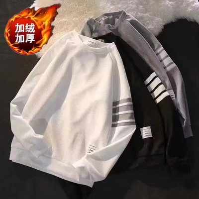 条纹华夫格卫衣男春秋美式宽松圆领长袖打底衫四条杠加绒外套男士