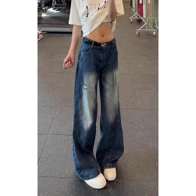 美式复古蓝工装牛仔裤男款春秋微喇裤子宽松bf慵懒风阔腿弯刀裤子