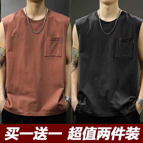 美式复古重磅纯色背心男夏季宽松休闲无袖t恤青少年健身坎肩上衣
