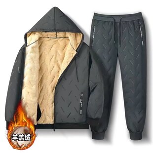 冬季爸爸棉衣棉裤套装男中老年加绒加厚老人棉服羊羔绒保暖小棉袄