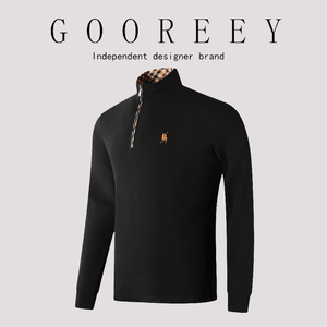 GooReey纯棉长袖卫衣男美式休闲polo衫秋季半拉链立领T恤男打底衫