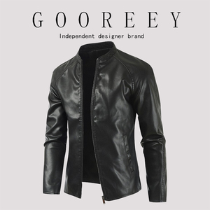 GooReey秋冬新款2024男士立领纯色皮衣青年皮夹克韩版修身外套男