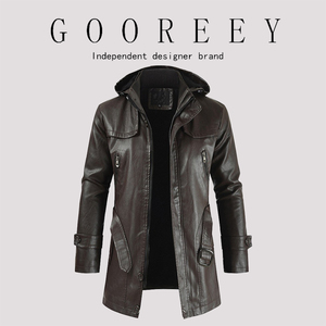 GooReey欧美2024秋冬男士中长款皮衣外套韩版修身加绒连帽风衣男