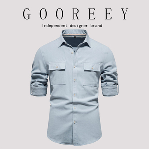 GooReey欧美新款2024秋冬纯棉长袖衬衫男休闲时尚纯色简约衬衣男