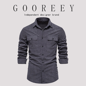 GooReey欧美2024年新款秋季灯芯绒衬衫男士时尚修身休闲纯色长袖
