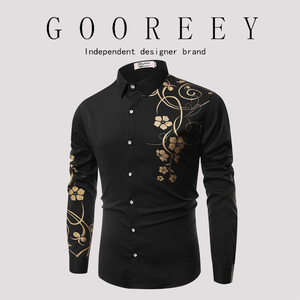 GooReey欧美2024秋季新款花衬衫男士修身长袖时尚紫荆花休闲衬衣