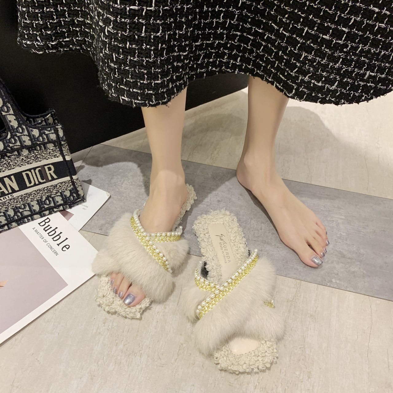 网红真兔毛毛拖鞋女秋冬2025包头拖