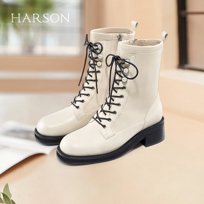现货断码清仓哈森奥莱专柜正品舒适百搭女靴短靴马丁靴HA19902