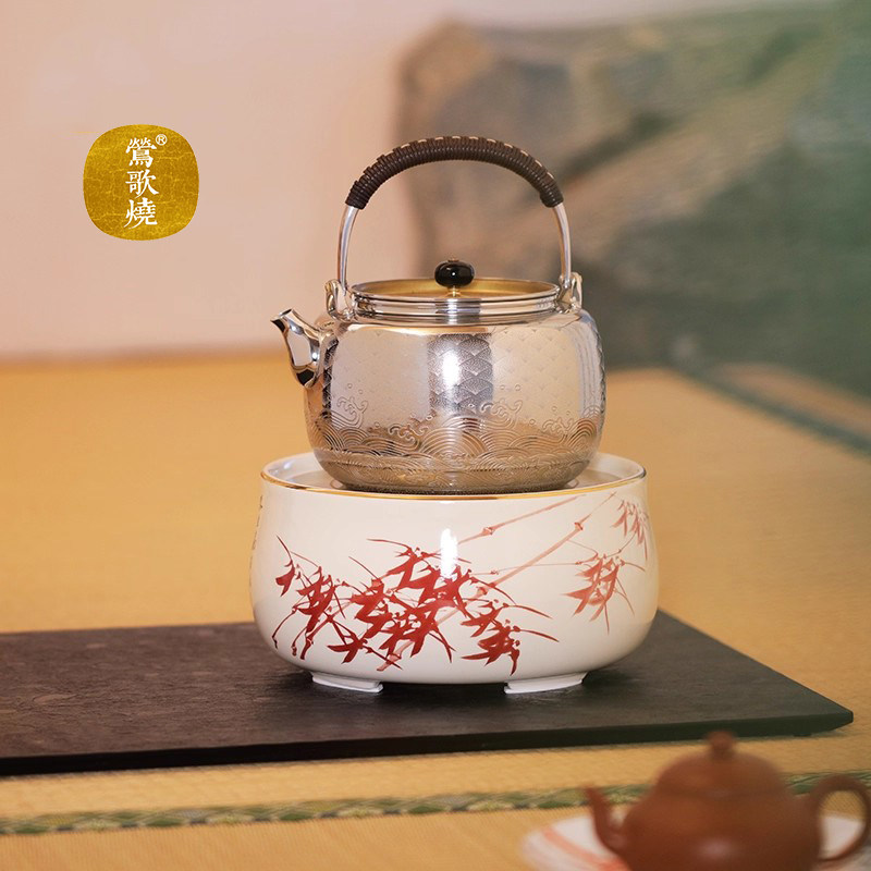 莺歌烧新品粉彩朱竹图电陶炉家用陶瓷不挑壶静音无线遥控煮茶器