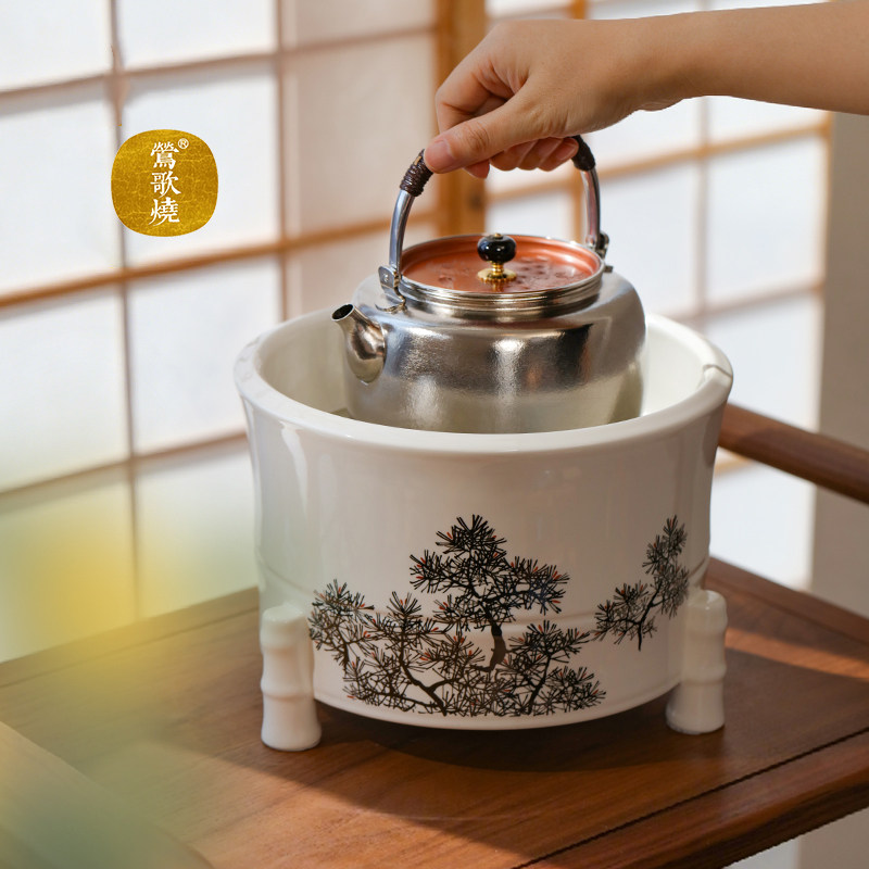 莺歌烧正品竹节火钵电陶炉套组提梁纯钛烧水壶无线遥控器煮茶炉