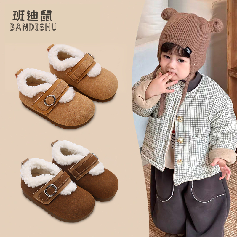 男宝宝加绒棉鞋2025冬季新款慵懒风博肯鞋女童小皮鞋软底保暖鞋子