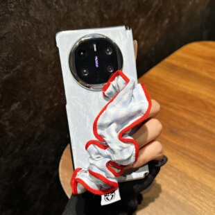 蓝格子红色花边腕带适用于华为matex6折叠屏手机壳matex5新款轻奢oppofindn5肤感丝绒韩系防摔vivofoldx5少女