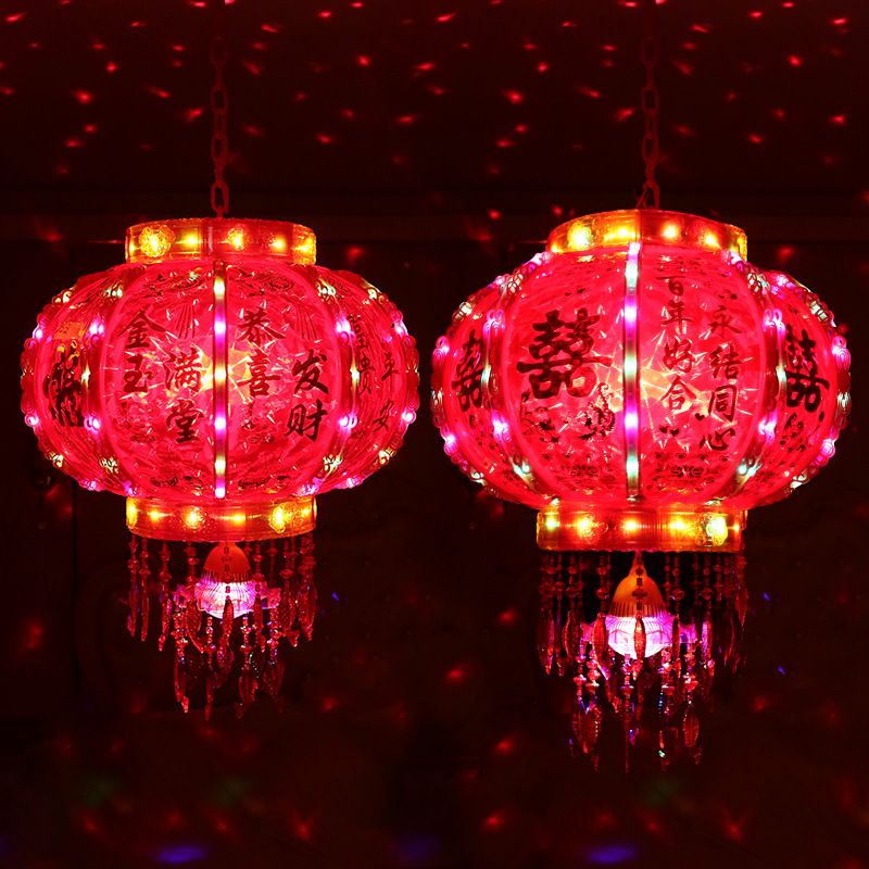 新款结婚喜字新年福字旋转灯笼大门新春过年大红彩色发光灯笼