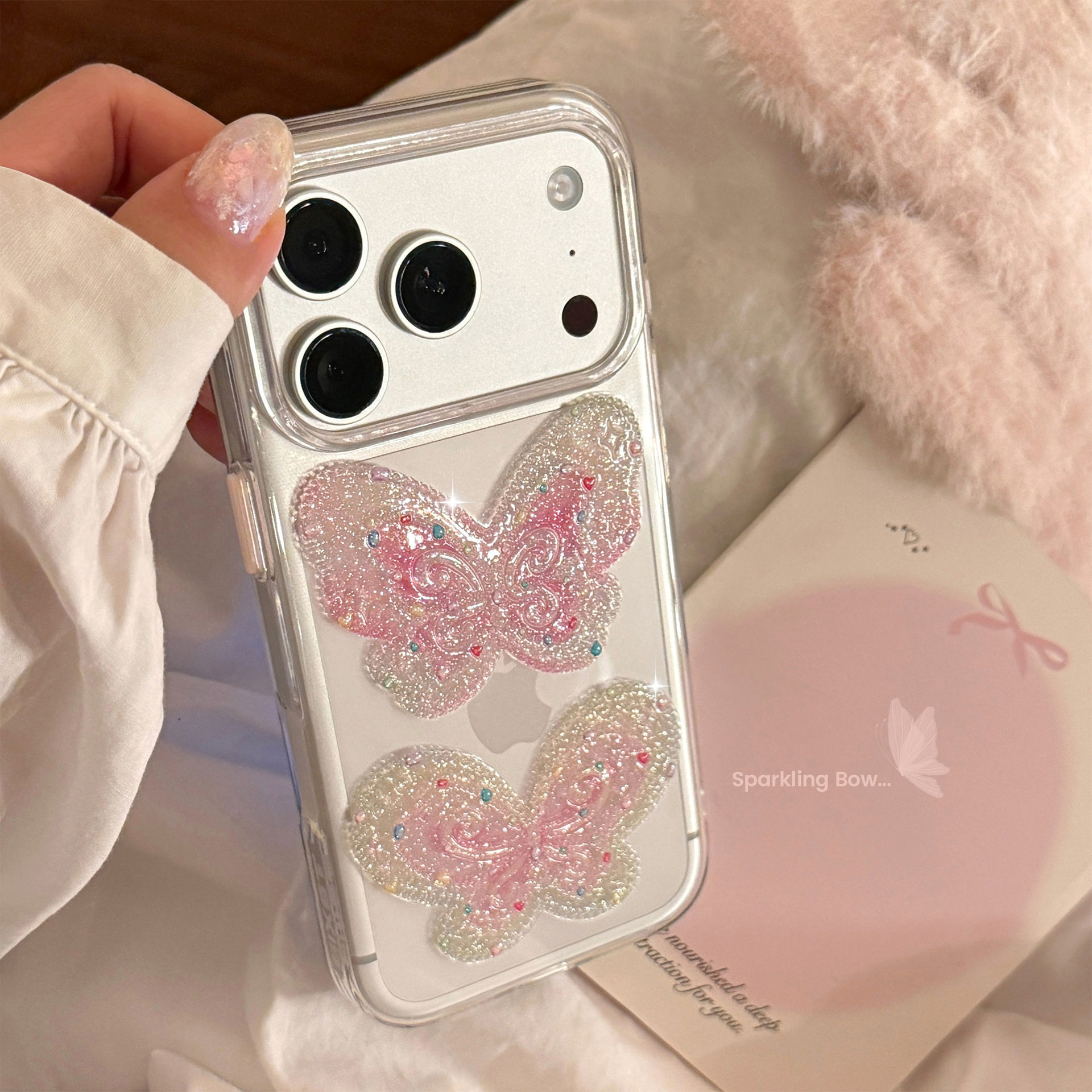 高颜值爆款闪粉蝴蝶适用苹果17手机壳新款iPhone17promax透明防摔16PM可爱女款15粉色少女心17pm包相机键软壳