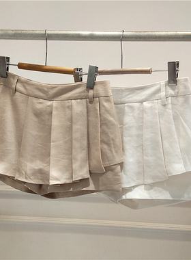 RMEO浪漫一身夏季女休闲亚麻半身短裙侧拉链A字短裤纯色防走光