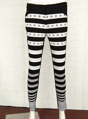 RMEO/浪漫一身秋冬季微弹女裤黑白条修身弹力休闲裤长裤气质裤