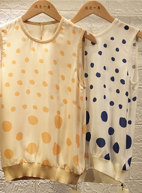 RMEO/浪漫一身夏季针织雪纺背心女修身显瘦百搭小衫砍袖圆点花