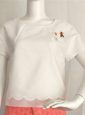 RMEO/浪漫一身夏季休闲衫女廊形纯棉上衣花边网纱下摆气质百搭潮