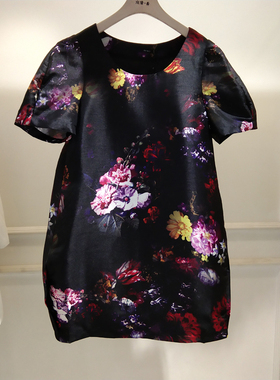 RMEO浪漫一身夏季女法式油画印花连衣裙宽松复古大圆领短袖中裙子