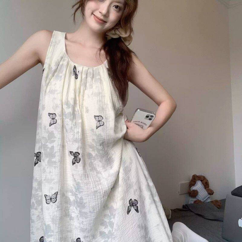 大码甜美蝴蝶结印花纯棉纱背心睡裙女夏季带胸垫可外穿睡衣居家裙