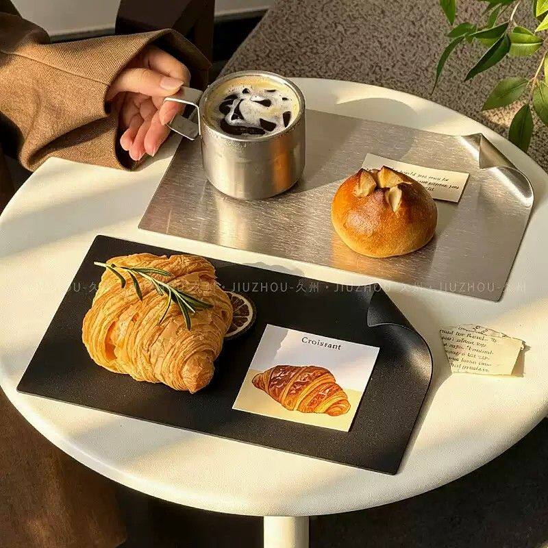 工业风金属卷角长方形托盘商用餐盘点心甜品盘面包盘下午茶摆盘