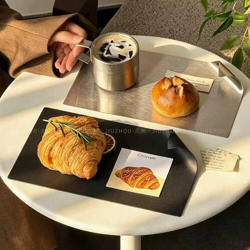 工业风金属卷角长方形托盘商用餐盘点心甜品盘面包盘下午茶摆盘