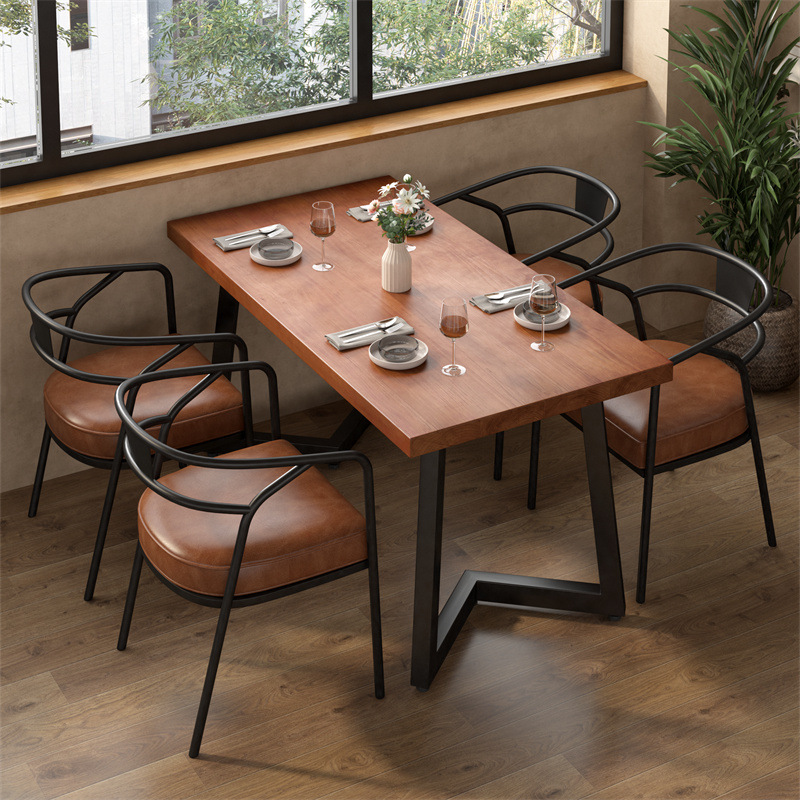 网红复古实木餐桌饭店餐厅商用桌椅组合甜品奶茶店休闲长方形桌子