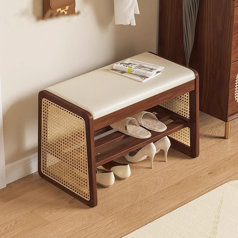 实木藤编换鞋凳门口家用入户门可坐鞋柜轻奢感坐凳一体穿鞋凳