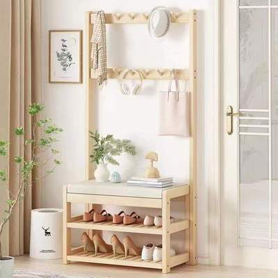 实木换鞋凳挂衣架一体家用客厅进门多功能鞋帽组合落地式衣帽鞋架