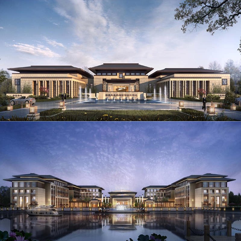 新中式新亚洲温泉度假村会议酒店建筑水榭亭景观亭大门入口su模型