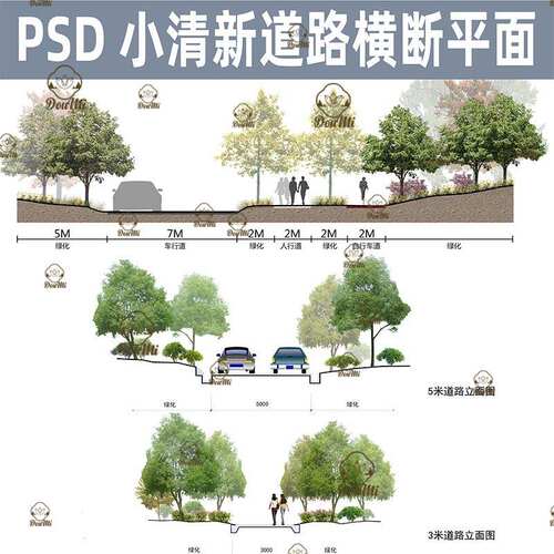 城市景观道路街道PS平立面剖面横断面小清新园林设计PSD素材