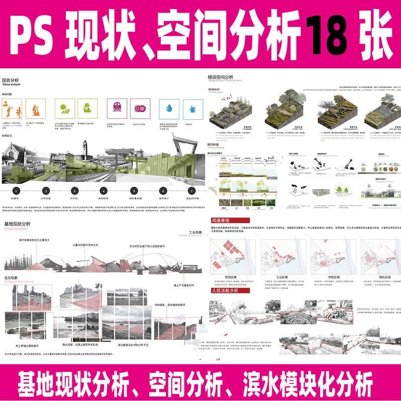 小清新建筑景观PSD基地现状分析图PS空间分析图滨水模块化分析