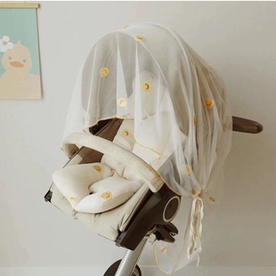 in韩版婴儿推车全罩式蚊帐宝宝刺绣蕾丝网纱透气外出遮阳防风盖帘