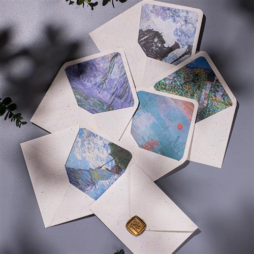 莫奈油画麻布质感信封信纸套装卡片信封套米色火漆内衬彩色可定制