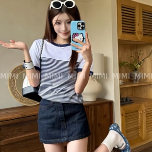 MIMI/千金感海军风条纹拼接T恤 清新自然王心凌同款红蓝撞色度假