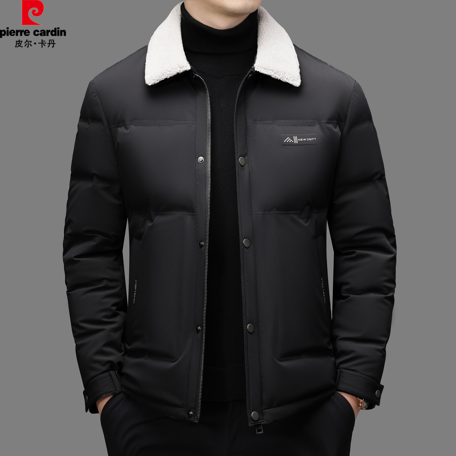 皮尔卡丹冬装中年男羽绒服羊毛领翻领商务休闲加厚保暖爸爸装外套