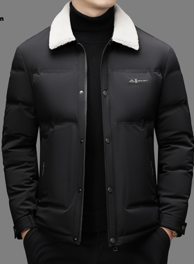 皮尔卡丹冬装中年男羽绒服羊毛领翻领商务休闲加厚保暖爸爸装外套