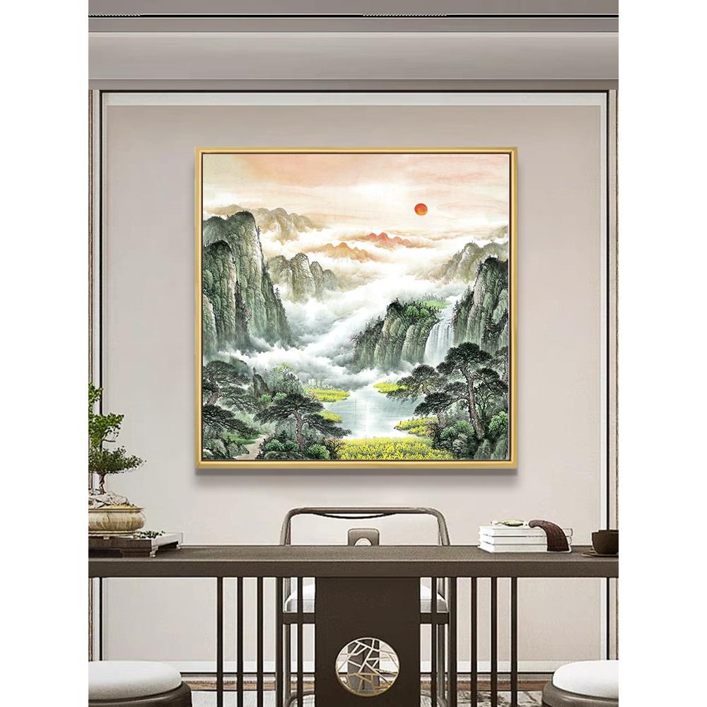 正方形挂画靠山字画小幅卫生间装饰画玄关新中式旺财山水风景壁画图片
