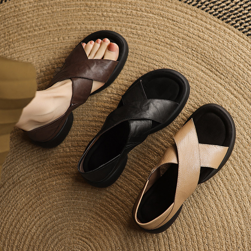 Dale~巨软巨亲肤 小个子厚底增高两穿交叉带罗马凉鞋百搭复古真皮