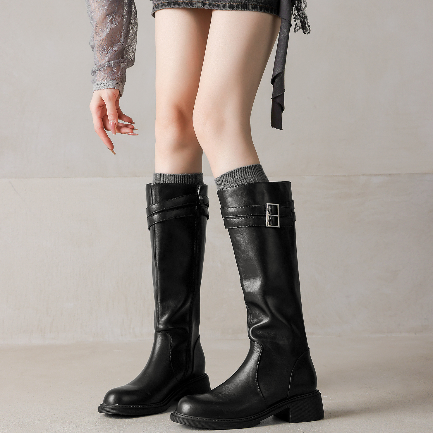 Dale~显瘦粗跟不过膝骑士长靴