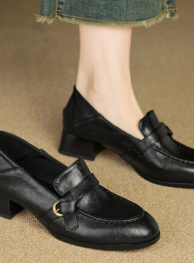 Dale黛迩~大码女鞋 深口单鞋女黑色圆头粗跟乐福鞋通勤百搭小皮鞋